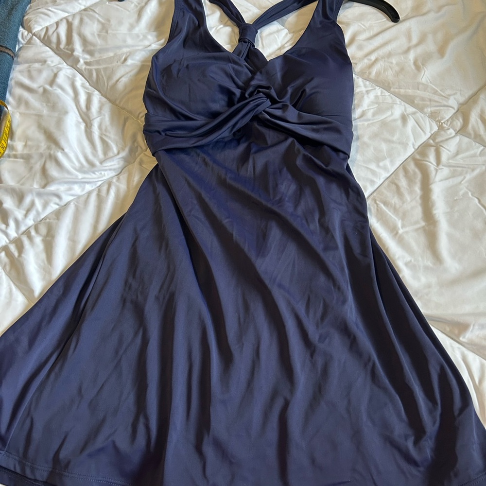 LL Bean Blue Ruched Tie Front Halter Swimdress